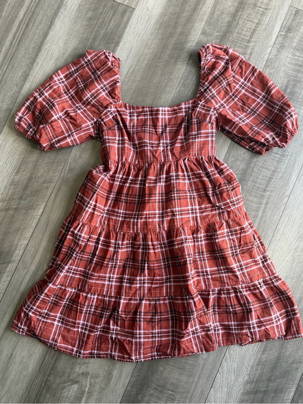 Altar’d State Rust Plaid Tiered Mini Dress Women’s S Smocked Fall Square Neck